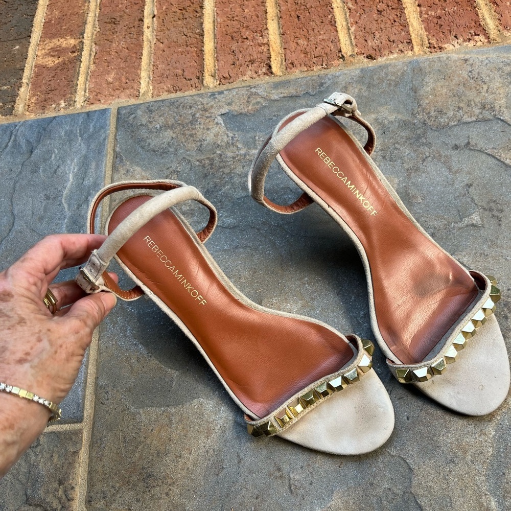 Rebecca Minkoff Tan Heel Sandals with Gold Studds prom formal graduation party